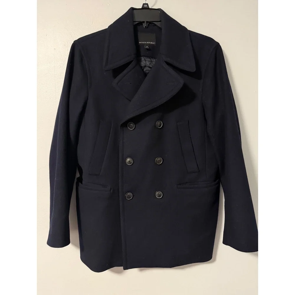 Banana Republic Mens Navy Blue Italian Wool Blend Pea Coat Mario Bellucci Med